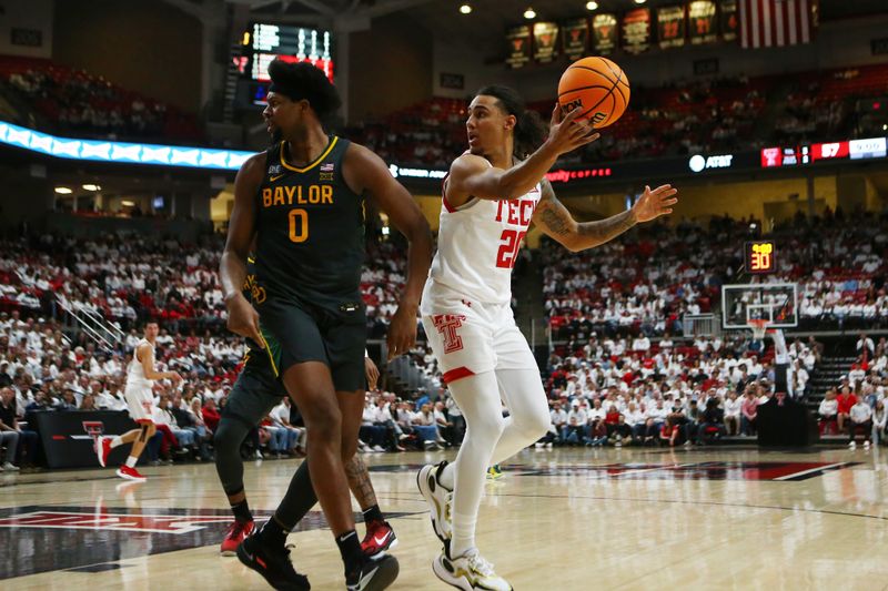 Jan 17, 2023; Lubbock, Texas, USA;  Baylor Bears forward Flo Thumb (0) and Texas Tech Red Raiders guard Jaylon Tyson (20) react to a whistle in the second half at United Supermarkets Arena. Mandatory Credit: Michael C. Johnson-USA TODAY Sports