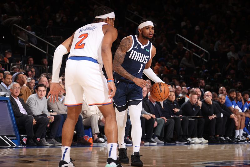 NEW YORK, NY - FEBRUARY 8: Jaden Hardy #1 of the Dallas Mavericks dribbles the ball during the game against the New York Knicks on February 8, 2024 at Madison Square Garden in New York City, New York.  NOTE TO USER: User expressly acknowledges and agrees that, by downloading and or using this photograph, User is consenting to the terms and conditions of the Getty Images License Agreement. Mandatory Copyright Notice: Copyright 2024 NBAE  (Photo by Nathaniel S. Butler/NBAE via Getty Images)