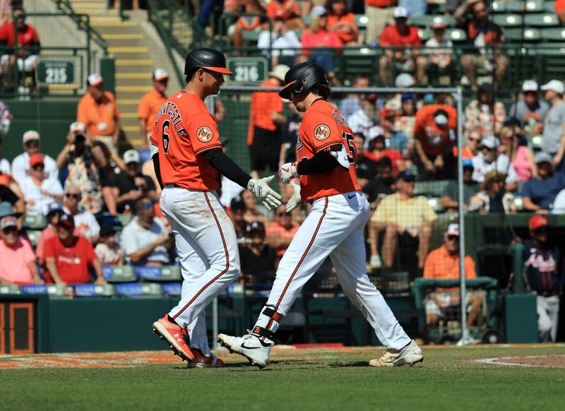 Feb 28, 2026; Sarasota, Florida, USA;  Baltimore Orioles catcher Adley Rutschman (35)  is congratulated by Baltimore Orioles designated hitter Ryan Mountcastle (6) after he hit a home run during the fourth inning against the Atlanta Braves  at Ed Smith Stadium. Mandatory Credit: Kim Klement Neitzel-Imagn Images