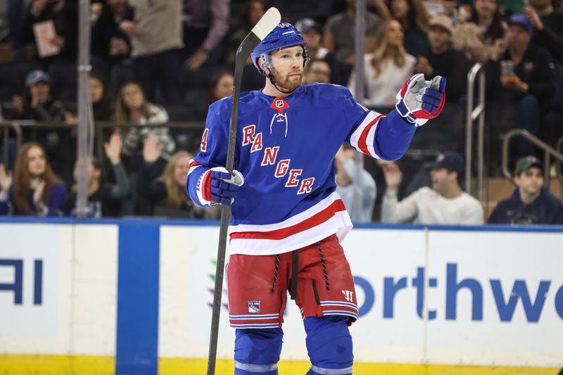 Mar 18, 2026; New York, New York, USA;  New York Rangers defenseman Vladislav Gavrikov (44) gestures after scoring a goal in the first period against the against the New Jersey Devils at Madison Square Garden. Mandatory Credit: Wendell Cruz-Imagn Images