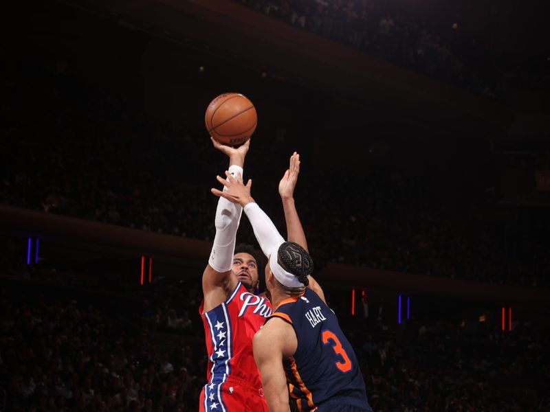 NEW YORK, NY - APRIL 22:  Tobias Harris #12 of the Philadelphia 76ers shoots the ball during the game  against Josh Hart #3 of the New York Knicks during Round 1 Game 2 of the 2024 NBA Playoffs on April 22, 2024 at Madison Square Garden in New York City, New York.  NOTE TO USER: User expressly acknowledges and agrees that, by downloading and or using this photograph, User is consenting to the terms and conditions of the Getty Images License Agreement. Mandatory Copyright Notice: Copyright 2024 NBAE  (Photo by Nathaniel S. Butler/NBAE via Getty Images)