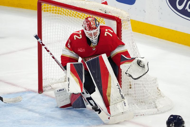 Dec 29, 2023; Sunrise, Florida, USA; Florida Panthers goaltender Sergei Bobrovsky (72) makes a save against the New York Rangers during the third period at Amerant Bank Arena. Mandatory Credit: Jasen Vinlove-USA TODAY Sports