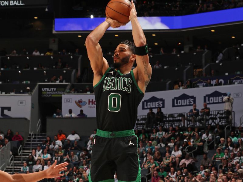 CHARLOTTE, NC - APRIL 1: Jayson Tatum #0 of the Boston Celtics three point basket during the game against the Charlotte Hornets on April 1, 2024 at Spectrum Center in Charlotte, North Carolina. NOTE TO USER: User expressly acknowledges and agrees that, by downloading and or using this photograph, User is consenting to the terms and conditions of the Getty Images License Agreement. Mandatory Copyright Notice: Copyright 2024 NBAE (Photo by Kent Smith/NBAE via Getty Images)