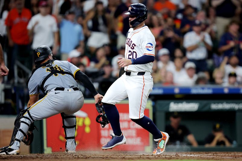 Jul 31, 2024; Houston, Texas, USA; Houston Astros right fielder Chas McCormick (20) scores a run against the Pittsburgh Pirates during the third inning at Minute Maid Park. Mandatory Credit: Erik Williams-USA TODAY Sports