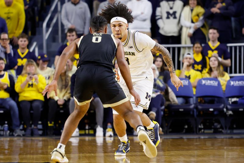 Feb 11, 2025; Ann Arbor, Michigan, USA;  Michigan Wolverines guard Tre Donaldson (3) dribbles against Purdue Boilermakers guard C.J. Cox (0) in the first half at Crisler Center. Mandatory Credit: Rick Osentoski-Imagn Images