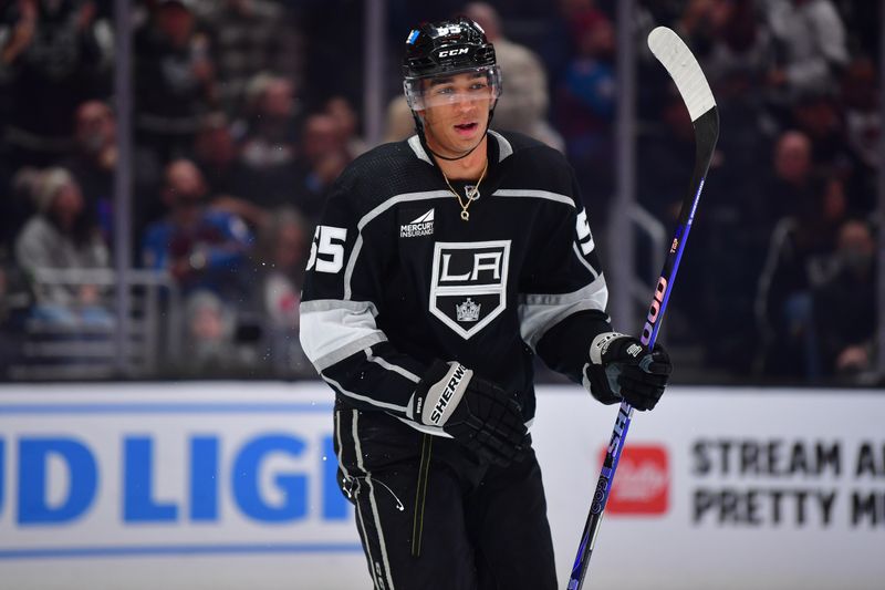 Dec 3, 2023; Los Angeles, California, USA; Los Angeles Kings center Quinton Byfield (55) celebrates his goal scored against the Colorado Avalanche during the second period at Crypto.com Arena. Mandatory Credit: Gary A. Vasquez-USA TODAY Sports