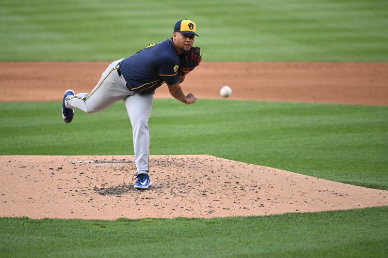 Aug 2, 2024; Washington, District of Columbia, USA; Milwaukee Brewers starting pitcher Frankie Montas (47) throws a pitch against the Washington Nationals during the second inning at Nationals Park. Mandatory Credit: Rafael Suanes-USA TODAY Sports