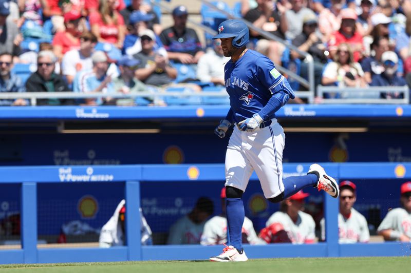 Mar 21, 2025; Dunedin, Florida, USA; Toronto Blue Jays outfielder George Springer (4) runs the bases after hitting a three run home run against the Philadelphia Phillies in the third inning during spring training at TD Ballpark. Mandatory Credit: Nathan Ray Seebeck-Imagn Images