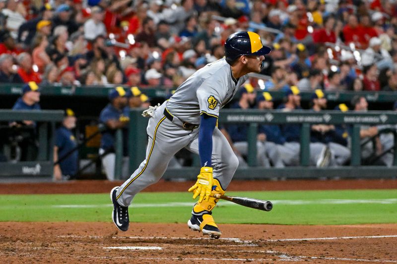 Aug 21, 2024; St. Louis, Missouri, USA;  Milwaukee Brewers third baseman Joey Ortiz (3) hits a two run double against the St. Louis Cardinals during the eighth inning at Busch Stadium. Mandatory Credit: Jeff Curry-USA TODAY Sports