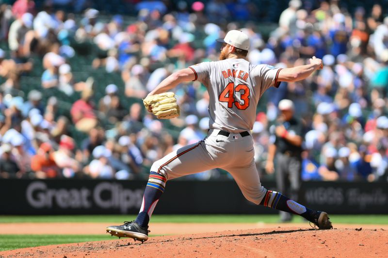 Jul 4, 2024; Seattle, Washington, USA; Baltimore Orioles relief pitcher Bryan Baker (43) pitches to the Seattle Mariners during the seventh inning at T-Mobile Park. Mandatory Credit: Steven Bisig-USA TODAY Sports