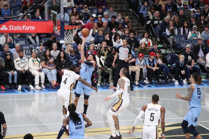 MEMPHIS, TN - NOVEMBER 29: Scotty Pippen Jr. #1 of the Memphis Grizzlies drives to the basket during the game against the New Orleans Pelicans during the Emirates NBA Cup game on November 29, 2024 at FedExForum in Memphis, Tennessee. NOTE TO USER: User expressly acknowledges and agrees that, by downloading and or using this photograph, User is consenting to the terms and conditions of the Getty Images License Agreement. Mandatory Copyright Notice: Copyright 2024 NBAE (Photo by Joe Murphy/NBAE via Getty Images)