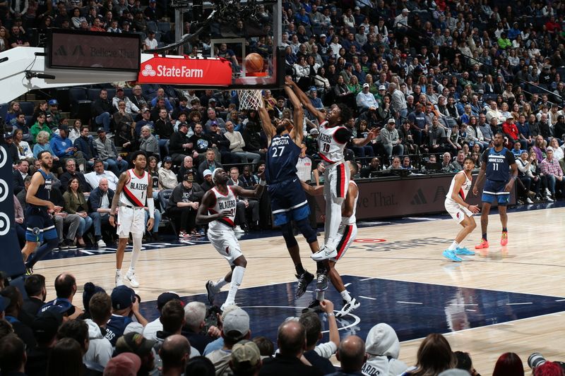 MINNEAPOLIS, MN -  MARCH 4: Rudy Gobert #27 of the Minnesota Timberwolves drives to the basket during the game against the Portland Trail Blazers on March 4, 2024 at Target Center in Minneapolis, Minnesota. NOTE TO USER: User expressly acknowledges and agrees that, by downloading and or using this Photograph, user is consenting to the terms and conditions of the Getty Images License Agreement. Mandatory Copyright Notice: Copyright 2024 NBAE (Photo by David Sherman/NBAE via Getty Images)