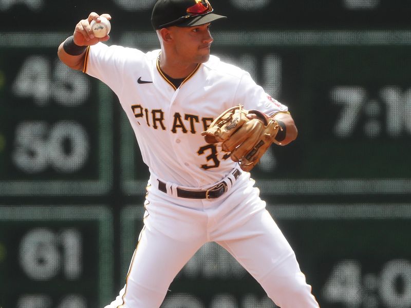 Jul 16, 2023; Pittsburgh, Pennsylvania, USA; Pittsburgh Pirates second baseman Nick Gonzales (39) throws to first base to retire San Francisco Giants starting pitcher Alex Cobb (not pictured) during the third inning at PNC Park. Mandatory Credit: Charles LeClaire-USA TODAY Sports