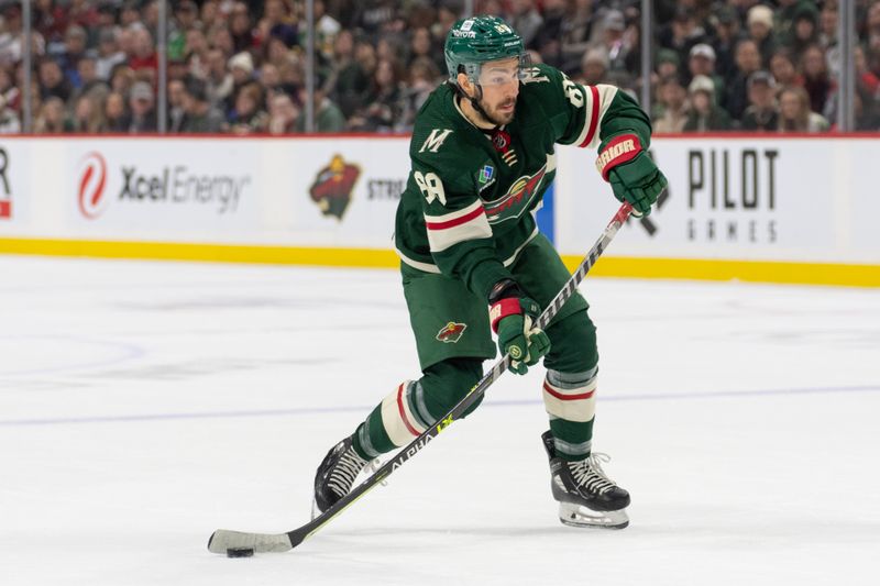 Dec 21, 2023; Saint Paul, Minnesota, USA; Minnesota Wild center Frederick Gaudreau (89) shoots against the Montreal Canadiens in the first period at Xcel Energy Center. Mandatory Credit: Matt Blewett-USA TODAY Sports