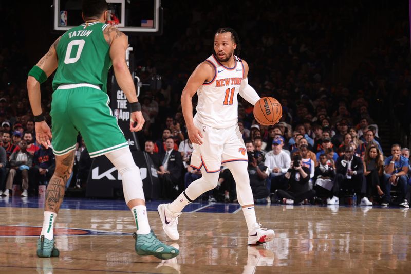 NEW YORK, NY - May 10:    Jalen Brunson #11 of the New York Knicks dribbles the ball during the game against the Boston Celtics  during Round 2 Game 3 of the 2025 NBA Playoffs  on May 10, 2025 at Madison Square Garden in New York City, New York.  NOTE TO USER: User expressly acknowledges and agrees that, by downloading and or using this photograph, User is consenting to the terms and conditions of the Getty Images License Agreement. Mandatory Copyright Notice: Copyright 2025 NBAE  (Photo by Nathaniel S. Butler/NBAE via Getty Images)