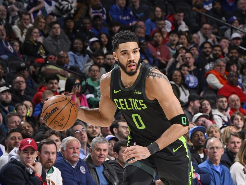 PHILADELPHIA, PA - FEBRUARY 2: Jayson Tatum #0 of the Boston Celtics handles the ball during the game against the Philadelphia 76ers on February 2, 2025 at the Wells Fargo Center in Philadelphia, Pennsylvania NOTE TO USER: User expressly acknowledges and agrees that, by downloading and/or using this Photograph, user is consenting to the terms and conditions of the Getty Images License Agreement. Mandatory Copyright Notice: Copyright 2025 NBAE (Photo by David Dow/NBAE via Getty Images)