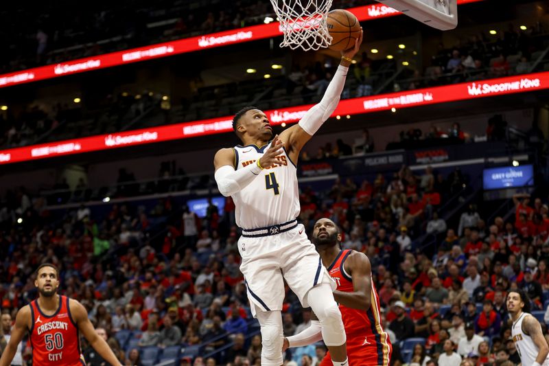 NEW ORLEANS, LOUISIANA - NOVEMBER 15:  Russell Westbrook #4 of the Denver Nuggets shoots against the New Orleans Pelicans during the first half of an Emirates NBA Cup game at the Smoothie King Center on November 15, 2024 in New Orleans, Louisiana. NOTE TO USER: User expressly acknowledges and agrees that, by downloading and or using this photograph, User is consenting to the terms and conditions of the Getty Images License Agreement. (Photo by Derick E. Hingle/Getty Images)