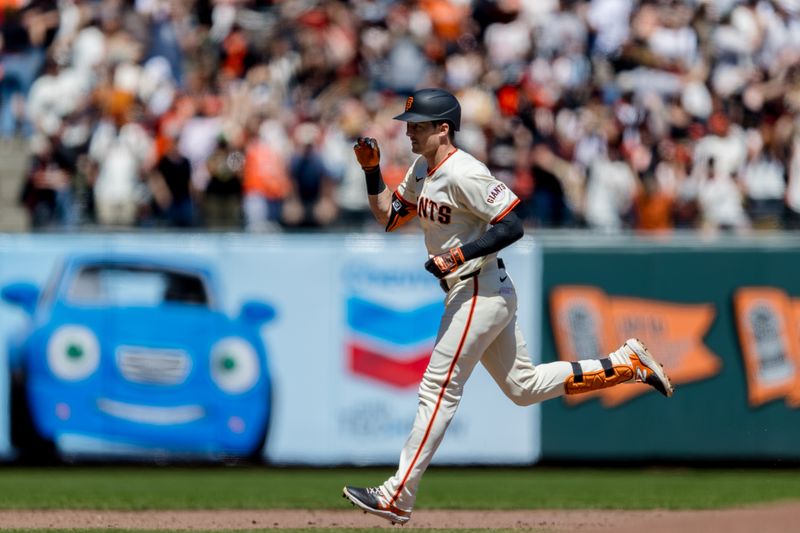 Apr 21, 2024; San Francisco, California, USA;  San Francisco Giants right fielder Mike Yastrzemski (5) runs the bases after hitting a two-run home run against the Arizona Diamondbacks during the fifth inning at Oracle Park. Mandatory Credit: John Hefti-USA TODAY Sports