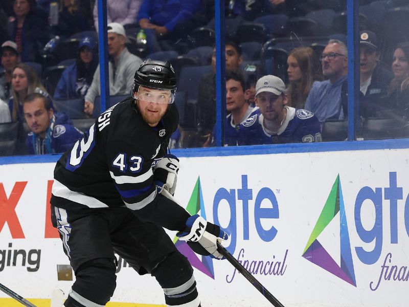 Nov 30, 2024; Tampa, Florida, USA; Tampa Bay Lightning defenseman Darren Raddysh (43) skates with the puck against the Toronto Maple Leafs during the third period at Amalie Arena. Mandatory Credit: Kim Klement Neitzel-Imagn Images