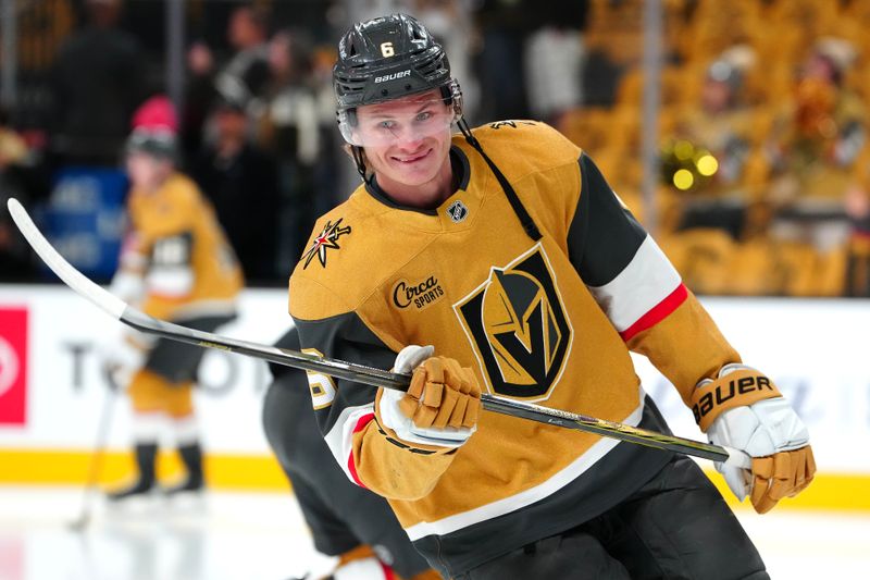 Apr 1, 2025; Las Vegas, Nevada, USA; Vegas Golden Knights defenseman Kaedan Korczak (6) warms up before a game against the Edmonton Oilers at T-Mobile Arena. Mandatory Credit: Stephen R. Sylvanie-Imagn Images