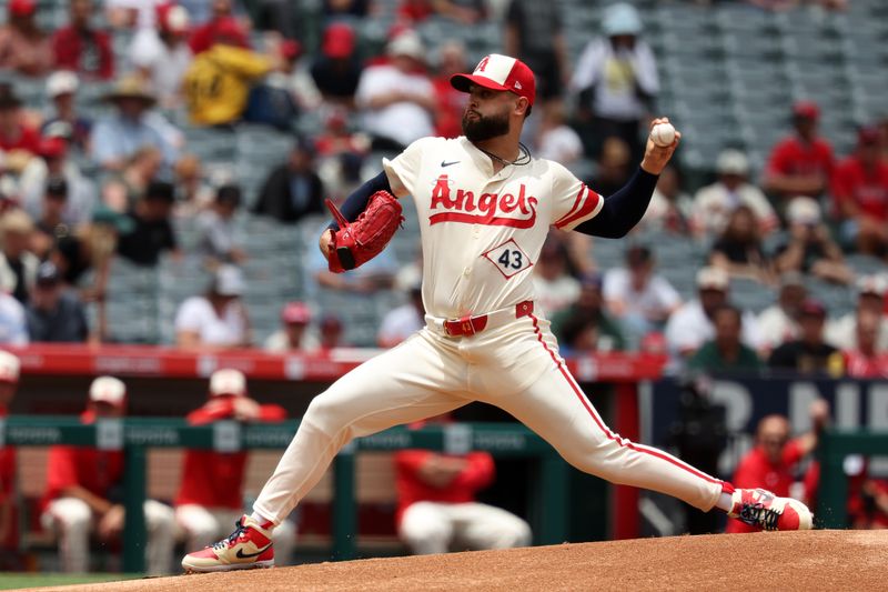 Jun 9, 2024; Anaheim, California, USA;  Los Angeles Angels starting pitcher Patrick Sandoval (43) pitches during the first inning against the Houston Astros at Angel Stadium. Mandatory Credit: Kiyoshi Mio-USA TODAY Sports