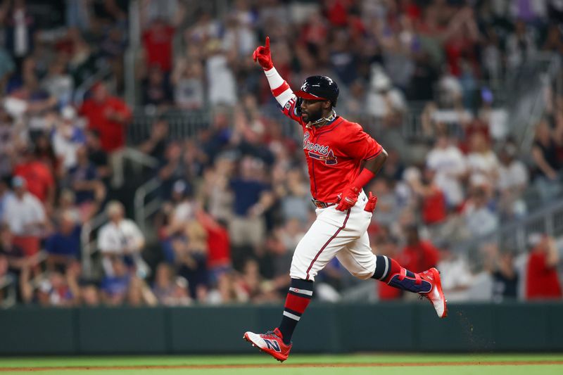Apr 19, 2024; Atlanta, Georgia, USA; Atlanta Braves outfielder Michael Harris II (23) celebrates after a home run against the Texas Rangers in the eighth inning at Truist Park. Mandatory Credit: Brett Davis-USA TODAY Sports

