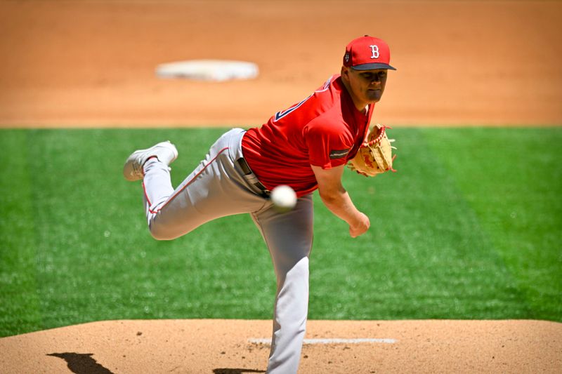 Mar 26, 2024; Arlington, Texas, USA; Boston Red Sox starting pitcher Richard Fitts (80) pitches against the Texas Rangers during the first inning at Globe Life Field. Mandatory Credit: Jerome Miron-USA TODAY Sports