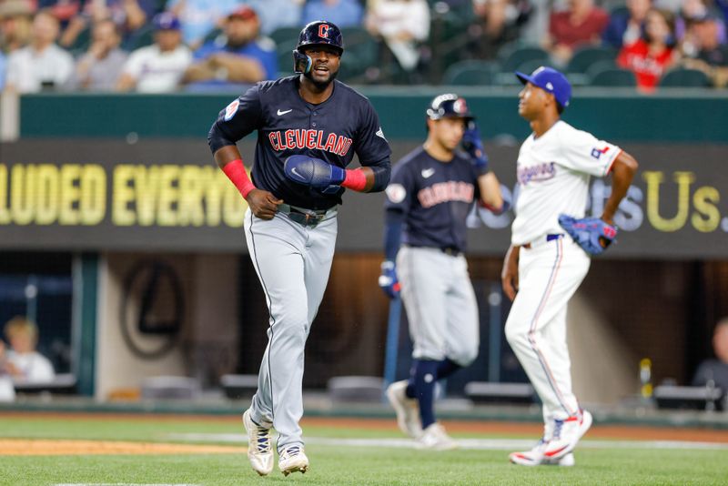 May 13, 2024; Arlington, Texas, USA; Cleveland Guardians outfielder Estevan Florial (90) comes in to score during the eighth inning against the Texas Rangers at Globe Life Field. Mandatory Credit: Andrew Dieb-USA TODAY Sports