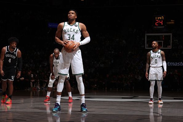 BROOKLYN, NY - DECEMBER 27: Giannis Antetokounmpo #34 of the Milwaukee Bucks shoots a free throw during the game against the Brooklyn Nets on December 27, 2023 at Barclays Center in Brooklyn, New York. NOTE TO USER: User expressly acknowledges and agrees that, by downloading and or using this Photograph, user is consenting to the terms and conditions of the Getty Images License Agreement. Mandatory Copyright Notice: Copyright 2023 NBAE (Photo by Nathaniel S. Butler/NBAE via Getty Images)