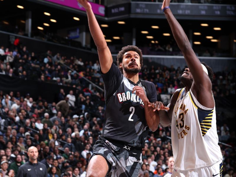 BROOKLYN, NY - DECEMBER 4: Cameron Johnson #2 of the Brooklyn Nets drives to the basket during the game against the Indiana Pacers on December 4, 2024 at Barclays Center in Brooklyn, New York. NOTE TO USER: User expressly acknowledges and agrees that, by downloading and or using this Photograph, user is consenting to the terms and conditions of the Getty Images License Agreement. Mandatory Copyright Notice: Copyright 2024 NBAE (Photo by Jeff Haynes/NBAE via Getty Images)