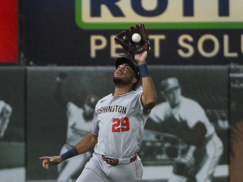 Jul 10, 2025; St. Louis, Missouri, USA;  Washington Nationals left fielder James Wood (29) catches a fly ball against the St. Louis Cardinals during the eighth inning at Busch Stadium. Mandatory Credit: Jeff Curry-Imagn Images