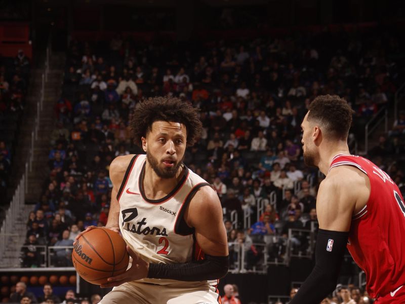 DETROIT, MI - NOVEMBER 18: Cade Cunningham #2 of the Detroit Pistons handles the ball during the game against the Chicago Bulls on November 18, 2024 at Little Caesars Arena in Detroit, Michigan. NOTE TO USER: User expressly acknowledges and agrees that, by downloading and/or using this photograph, User is consenting to the terms and conditions of the Getty Images License Agreement. Mandatory Copyright Notice: Copyright 2024 NBAE (Photo by Brian Sevald/NBAE via Getty Images)