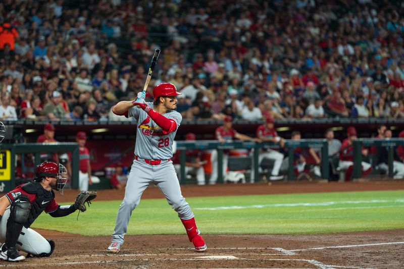 Apr 14, 2024; Phoenix, Arizona, USA; St. Louis Cardinals infielder Nolan Arenado (28) at bat in the second inning during a game against the Arizona Diamondbacks at Chase Field. Mandatory Credit: Allan Henry-USA TODAY Sports