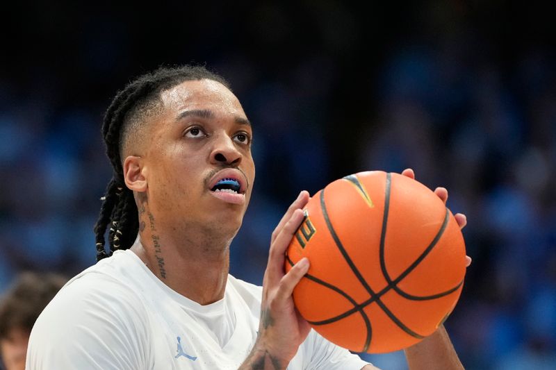 Feb 3, 2024; Chapel Hill, North Carolina, USA;  North Carolina Tar Heels forward Armando Bacot (5) on the free throw line in the second half at Dean E. Smith Center. Mandatory Credit: Bob Donnan-USA TODAY Sports