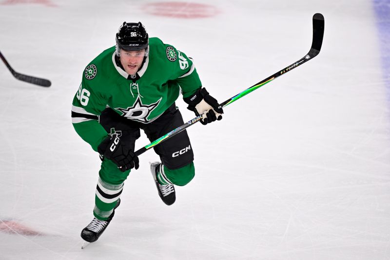 Nov 9, 2025; Dallas, Texas, USA; Dallas Stars right wing Mikko Rantanen (96) skates against the Seattle Kraken during the second period at the American Airlines Center. Mandatory Credit: Jerome Miron-Imagn Images
