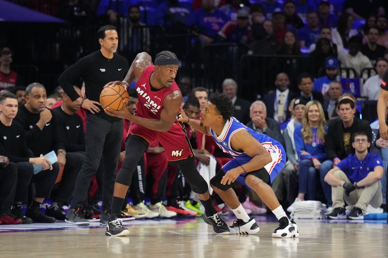 PHILADELPHIA, PA - APRIL 17: Jimmy Butler #22 of the Miami Heat handles the ball during the game against the Philadelphia 76ers during the 2024 NBA Play-In Tournament on April 17, 2024 at the Wells Fargo Center in Philadelphia, Pennsylvania NOTE TO USER: User expressly acknowledges and agrees that, by downloading and/or using this Photograph, user is consenting to the terms and conditions of the Getty Images License Agreement. Mandatory Copyright Notice: Copyright 2024 NBAE (Photo by Jesse D. Garrabrant/NBAE via Getty Images)