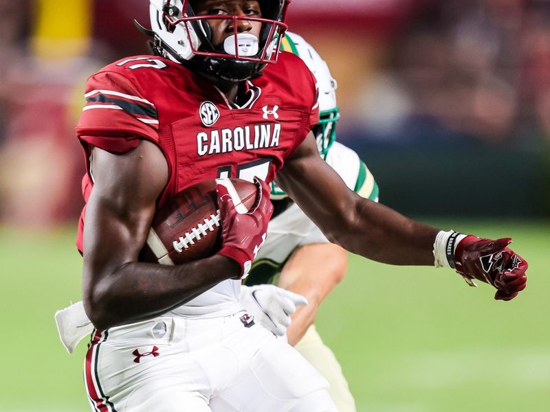 Sep 24, 2022; Columbia, South Carolina, USA; South Carolina Gamecocks wide receiver Xavier Legette (17) runs after the catch against the Charlotte 49ers in the second half at Williams-Brice Stadium. Mandatory Credit: Jeff Blake-USA TODAY Sports