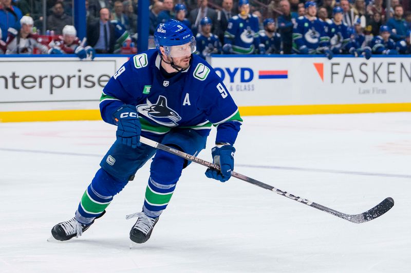 Mar 13, 2024; Vancouver, British Columbia, CAN; Vancouver Canucks forward J.T. Miller (9) skates against the Colorado Avalanche in the third period at Rogers Arena. Colorado won 4 -3 in overtime. Mandatory Credit: Bob Frid-USA TODAY Sports