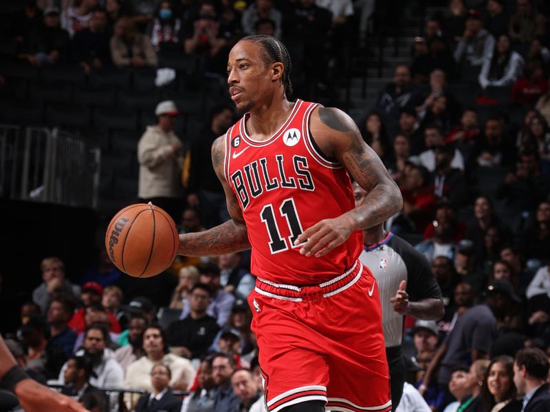 BROOKLYN, NY - NOVEMBER 1: DeMar DeRozan #11 of the Chicago Bulls dribbles the ball during the game against the Brooklyn Nets on November 1, 2022 at Barclays Center in Brooklyn, New York. NOTE TO USER: User expressly acknowledges and agrees that, by downloading and or using this Photograph, user is consenting to the terms and conditions of the Getty Images License Agreement. Mandatory Copyright Notice: Copyright 2022 NBAE (Photo by Nathaniel S. Butler/NBAE via Getty Images)