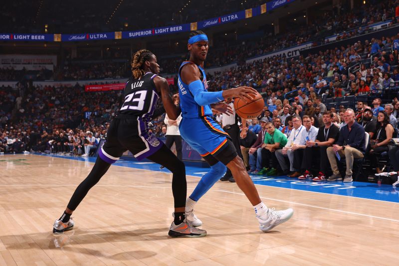 OKLAHOMA CITY, OK - APRIL 9: Shai Gilgeous-Alexander #2 of the Oklahoma City Thunder dribbles the ball during the game against the Sacramento Kings on April 9, 2024 at Paycom Arena in Oklahoma City, Oklahoma. NOTE TO USER: User expressly acknowledges and agrees that, by downloading and or using this photograph, User is consenting to the terms and conditions of the Getty Images License Agreement. Mandatory Copyright Notice: Copyright 2024 NBAE (Photo by Zach Beeker/NBAE via Getty Images)