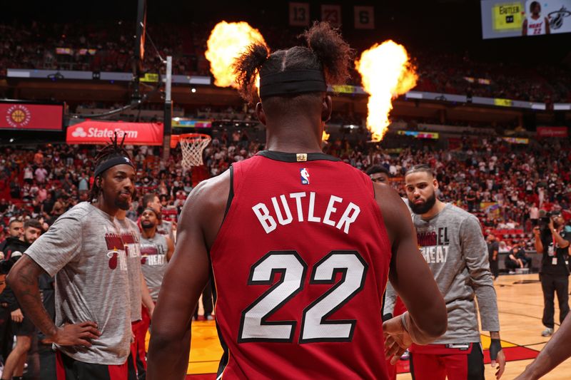 MIAMI, FL - MARCH 10: Jimmy Butler #22 of the Miami Heat is introduced before the game against the Washington Wizards on March 10, 2024 at Kaseya Center in Miami, Florida. NOTE TO USER: User expressly acknowledges and agrees that, by downloading and or using this Photograph, user is consenting to the terms and conditions of the Getty Images License Agreement. Mandatory Copyright Notice: Copyright 2024 NBAE (Photo by Issac Baldizon/NBAE via Getty Images)