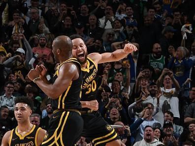 SAN FRANCISCO, CA - DECEMBER 19:  Stephen Curry #30 and Chris Paul #3 of the Golden State Warriors celebrates during the game against the Boston Celtics on December 19, 2023 at Chase Center in San Francisco, California. NOTE TO USER: User expressly acknowledges and agrees that, by downloading and or using this photograph, user is consenting to the terms and conditions of Getty Images License Agreement. Mandatory Copyright Notice: Copyright 2023 NBAE (Photo by Noah Graham/NBAE via Getty Images)