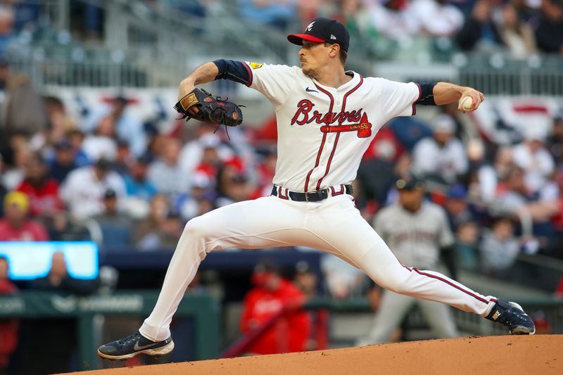 Apr 6, 2024; Atlanta, Georgia, USA; Atlanta Braves starting pitcher Max Fried (54) throws against the Arizona Diamondbacks in the first inning at Truist Park. Mandatory Credit: Brett Davis-USA TODAY Sports
