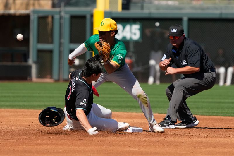 Mar 11, 2024; Salt River Pima-Maricopa, Arizona, USA; Arizona Diamondbacks right fielder Corbin Carroll (7) steals second base under the tag by Oakland Athletics shortstop Darrell Haernaiz (48) in the third inning at Salt River Fields at Talking Stick. Mandatory Credit: Rick Scuteri-USA TODAY Sports