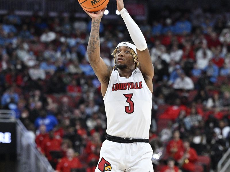 Jan 14, 2023; Louisville, Kentucky, USA;  Louisville Cardinals guard El Ellis (3) shoots against the North Carolina Tar Heels during the second half at KFC Yum! Center. North Carolina defeated Louisville 80-59. Mandatory Credit: Jamie Rhodes-USA TODAY Sports