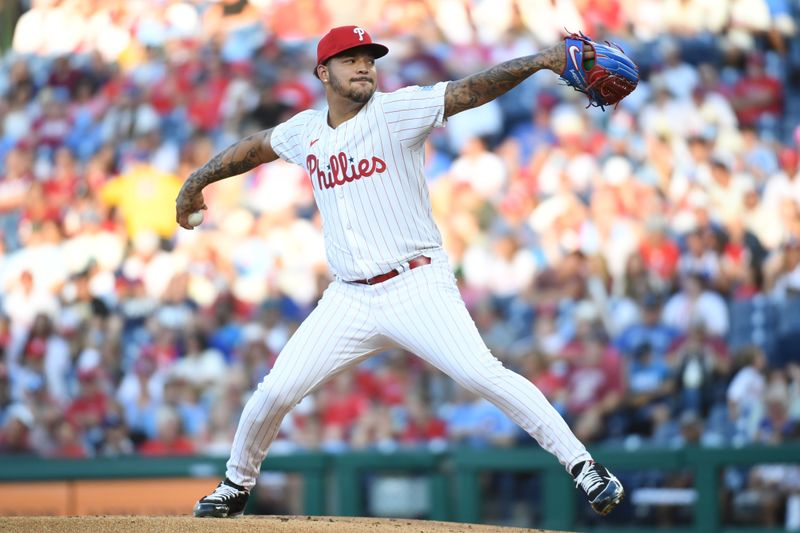 Aug 13, 2024; Philadelphia, Pennsylvania, USA; Philadelphia Phillies starting pitcher Taijuan Walker (99) throws a pitch against the Miami Marlins during the second inning at Citizens Bank Park. Mandatory Credit: Eric Hartline-USA TODAY Sports