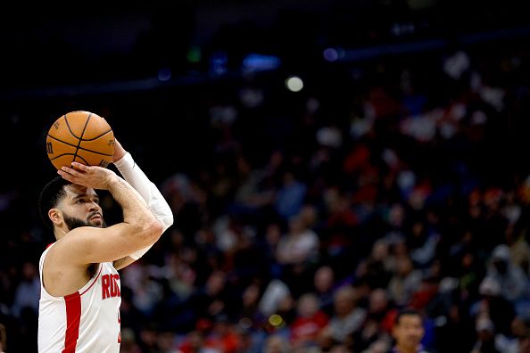 NEW ORLEANS, LOUISIANA - DECEMBER 23: Fred VanVleet #5 of the Houston Rockets  shoots a free throw during the fourth quarter of an NBA game against the New Orleans Pelicans at Smoothie King Center on December 23, 2023 in New Orleans, Louisiana. NOTE TO USER: User expressly acknowledges and agrees that, by downloading and or using this photograph, User is consenting to the terms and conditions of the Getty Images License Agreement. (Photo by Sean Gardner/Getty Images)