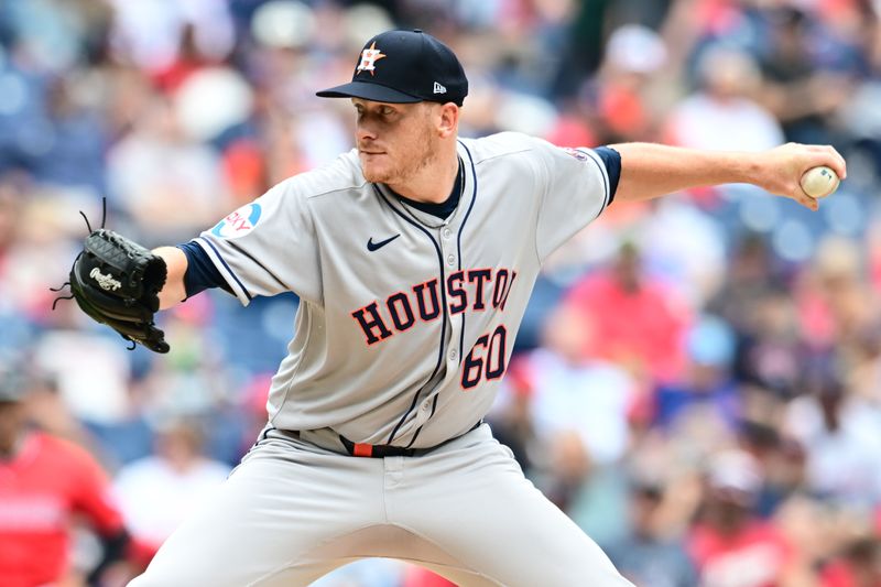 Jun 8, 2025; Cleveland, Ohio, USA; Houston Astros starting pitcher Brandon Walter (60) throws a pitch during the first inning against the Cleveland Guardians at Progressive Field. Mandatory Credit: Ken Blaze-Imagn Images
