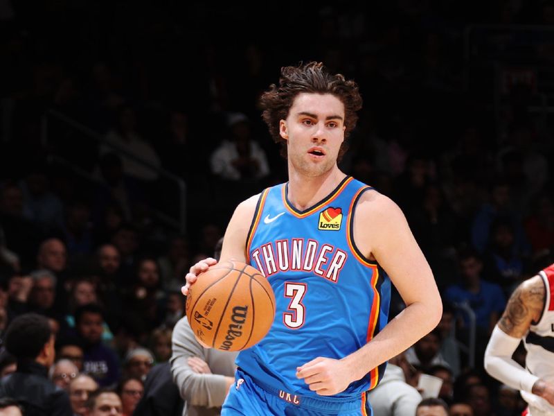 WASHINGTON, DC -? JANUARY 8: Josh Giddey #3 of the Oklahoma City Thunder dribbles the ball during the game against the Washington Wizards on January 8, 2024 at Capital One Arena in Washington, DC. NOTE TO USER: User expressly acknowledges and agrees that, by downloading and or using this Photograph, user is consenting to the terms and conditions of the Getty Images License Agreement. Mandatory Copyright Notice: Copyright 2024 NBAE (Photo by Stephen Gosling/NBAE via Getty Images)