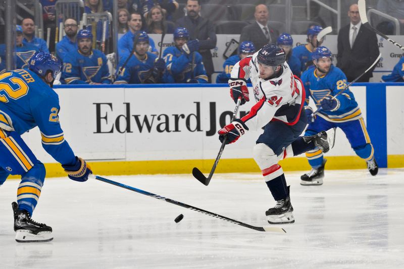 Nov 9, 2024; St. Louis, Missouri, USA;  Washington Capitals center Connor McMichael (24) shoots and scores against the St. Louis Blues during the first period at Enterprise Center. Mandatory Credit: Jeff Curry-Imagn Images